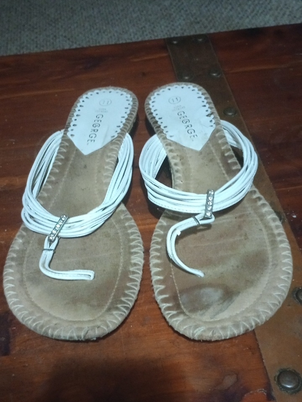 George White Multi-Strap Toe-Ring Sandals with Metal Accents